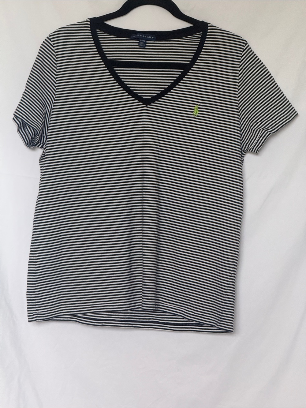 Ralph Lauren Black White Striped V-Neck Tee Shirt XL Green Pony Logo